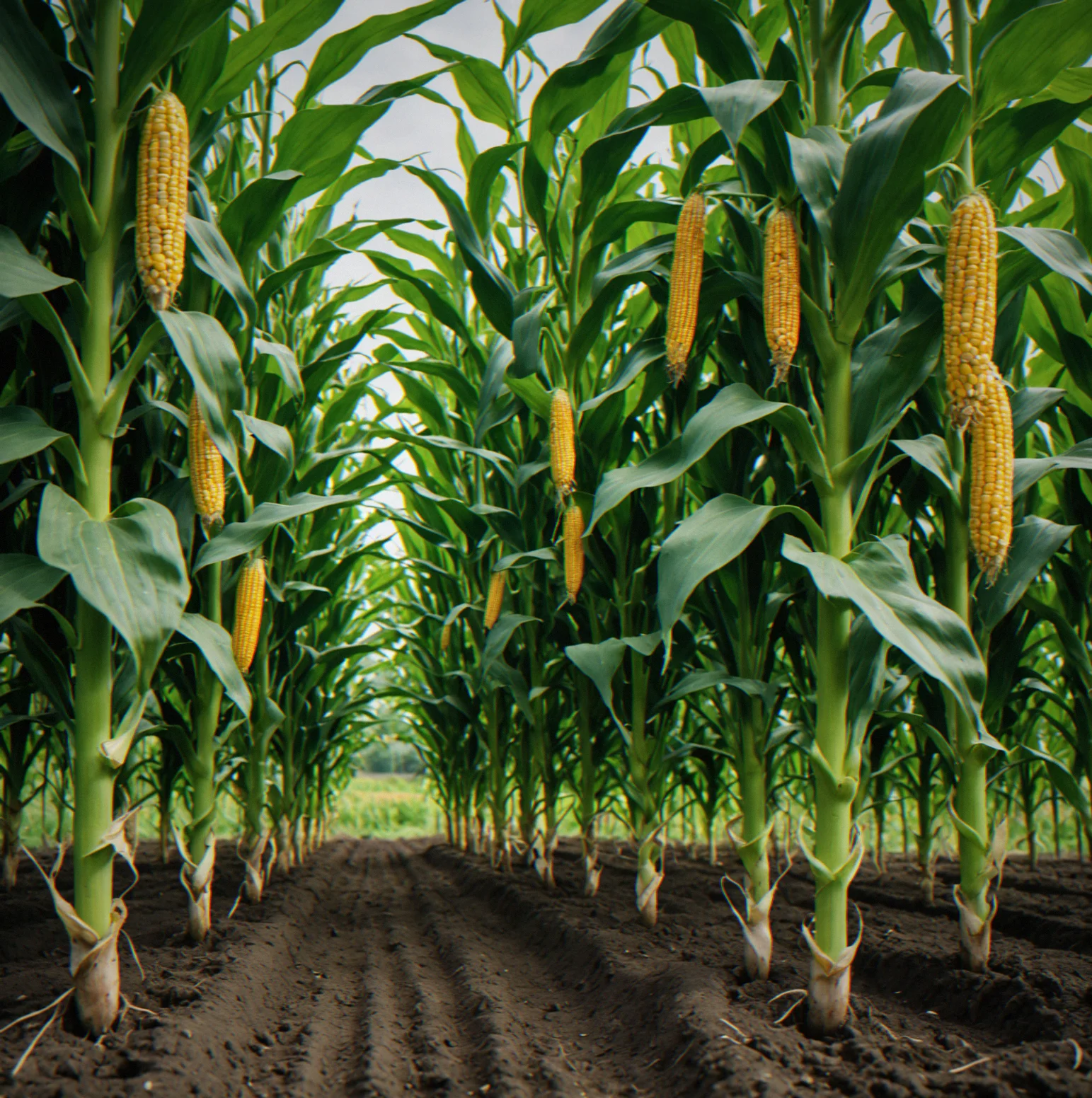 Corn plants with climbing bean vines intertwined, showing tighter spacing and mixed canopy