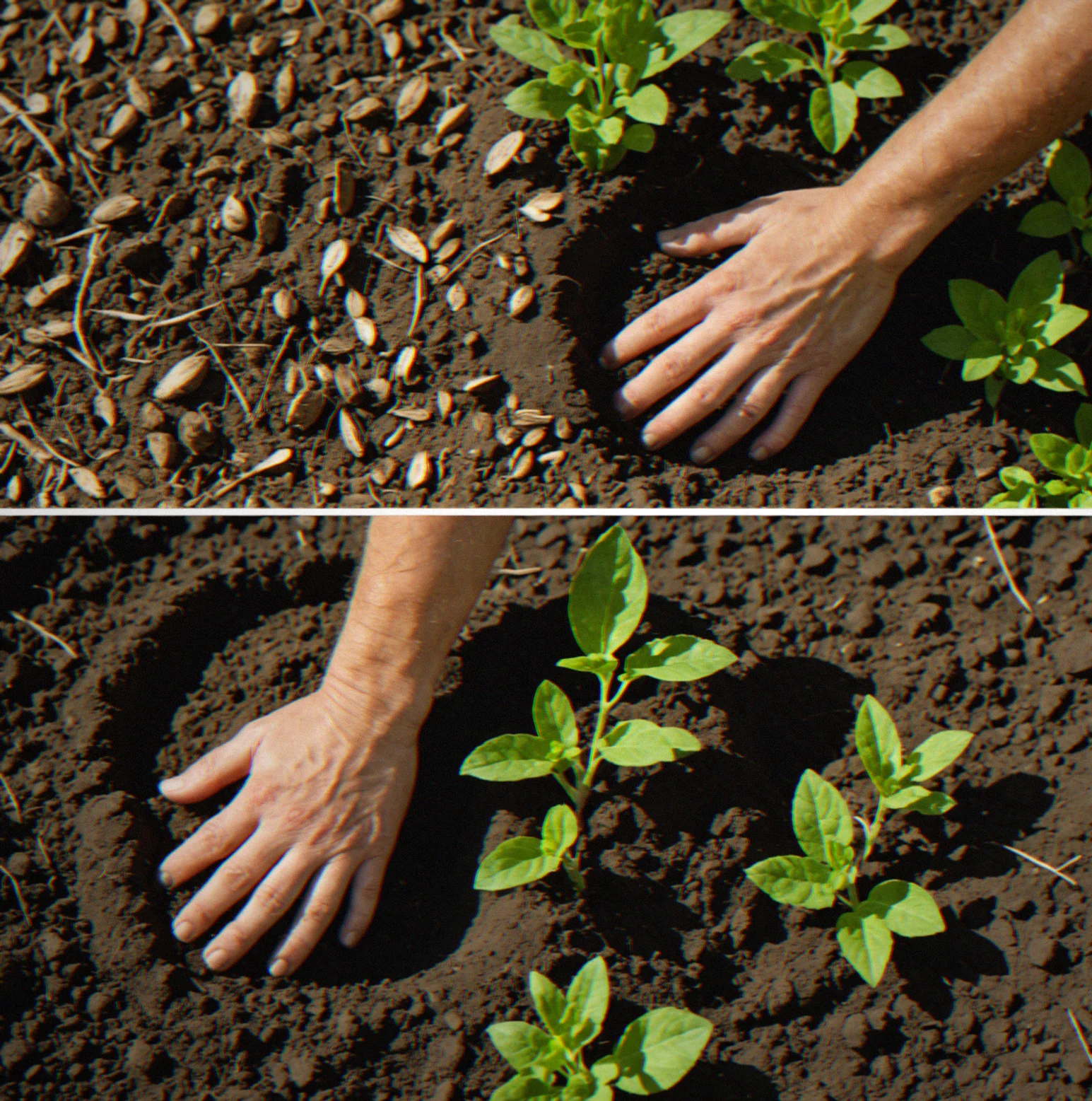 Side-by-side comparison of light sandy soil and dark rich soil with visible organic matter