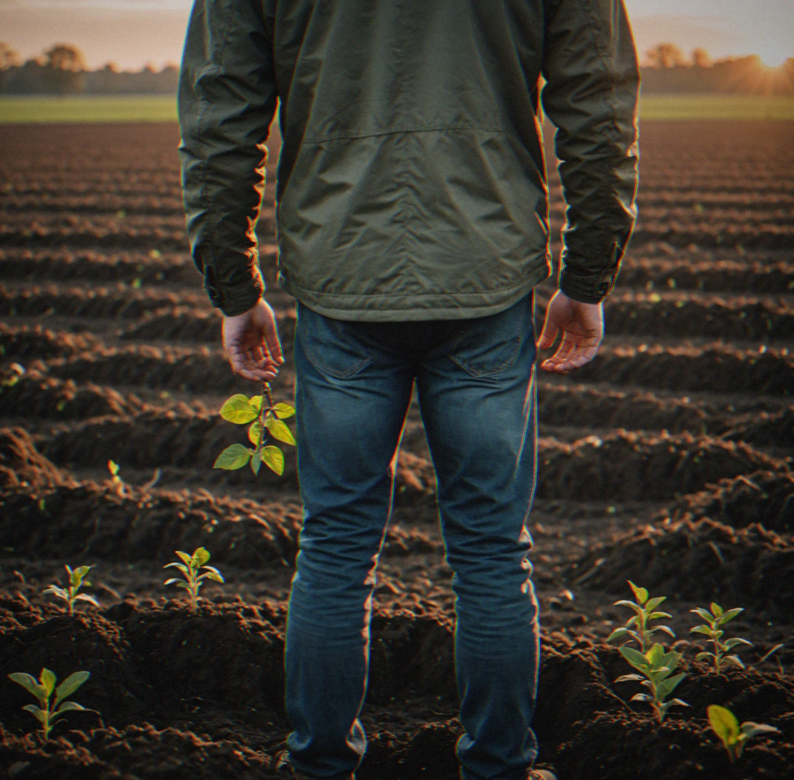 Someone standing alone in a field as the sun sets, hands on their hips, staring out at the distance