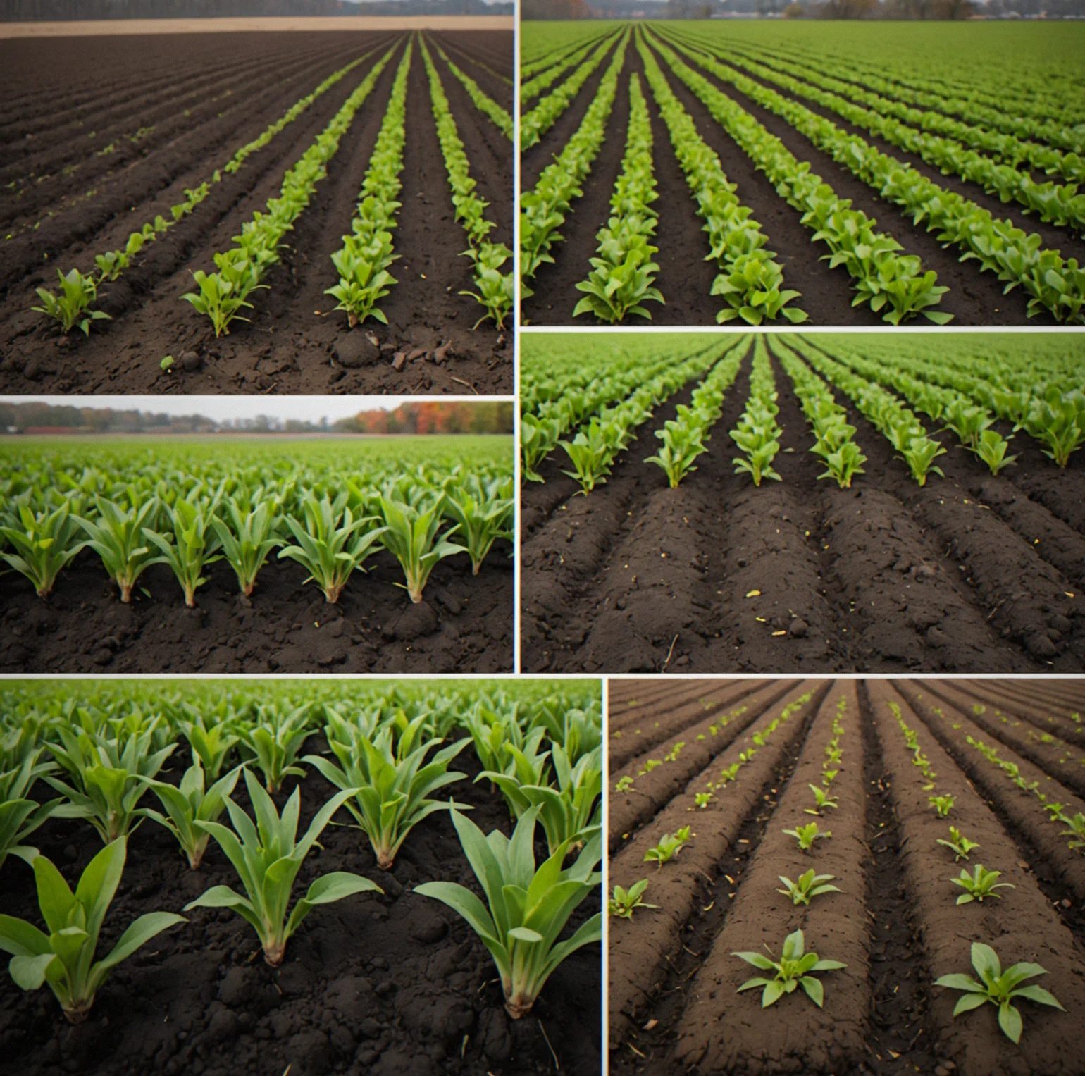 Four seasonal views of the same field: spring green shoots, summer lush canopy, fall harvest-ready plants, winter bare soil
