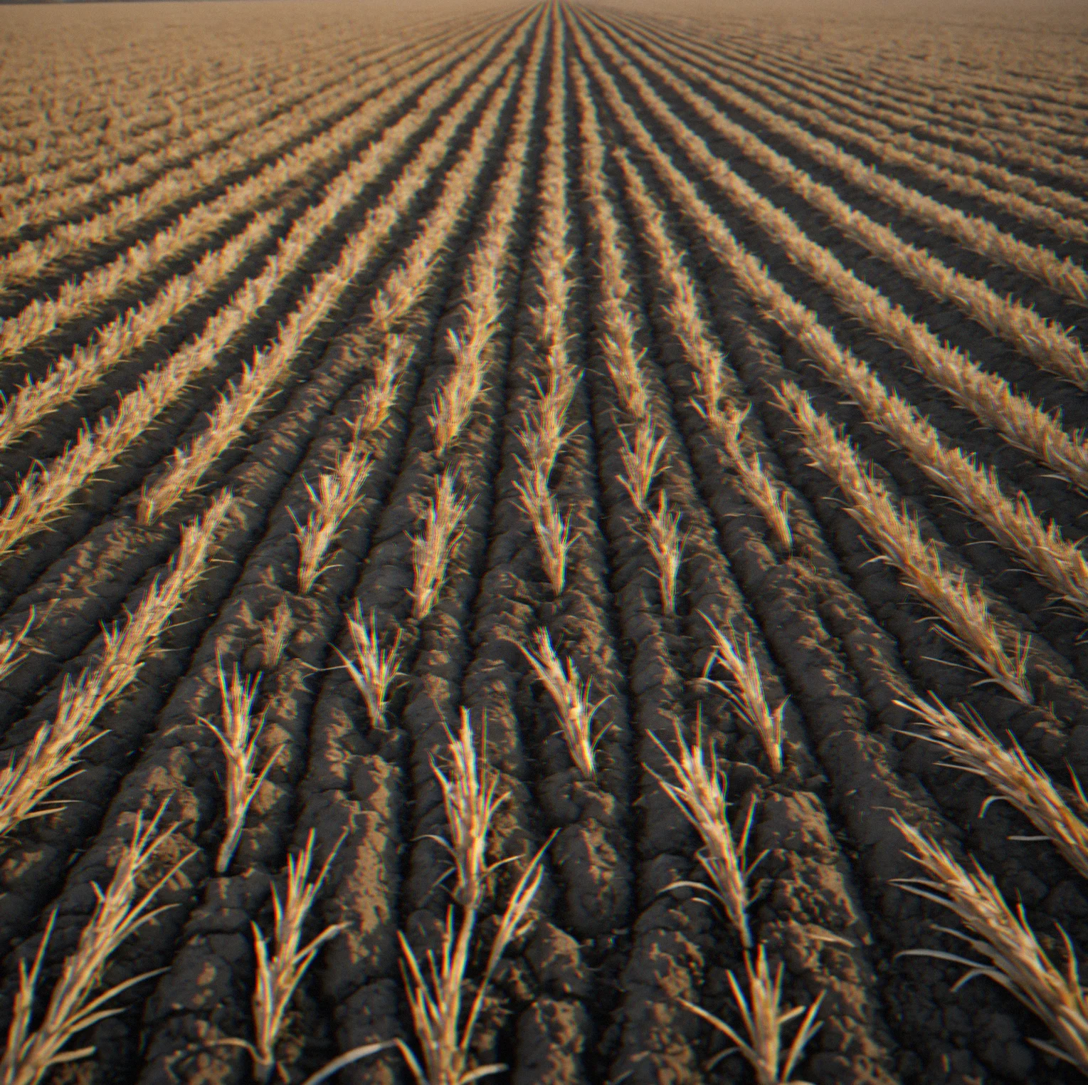 Bare field in December with brown rye stubble and frozen ground