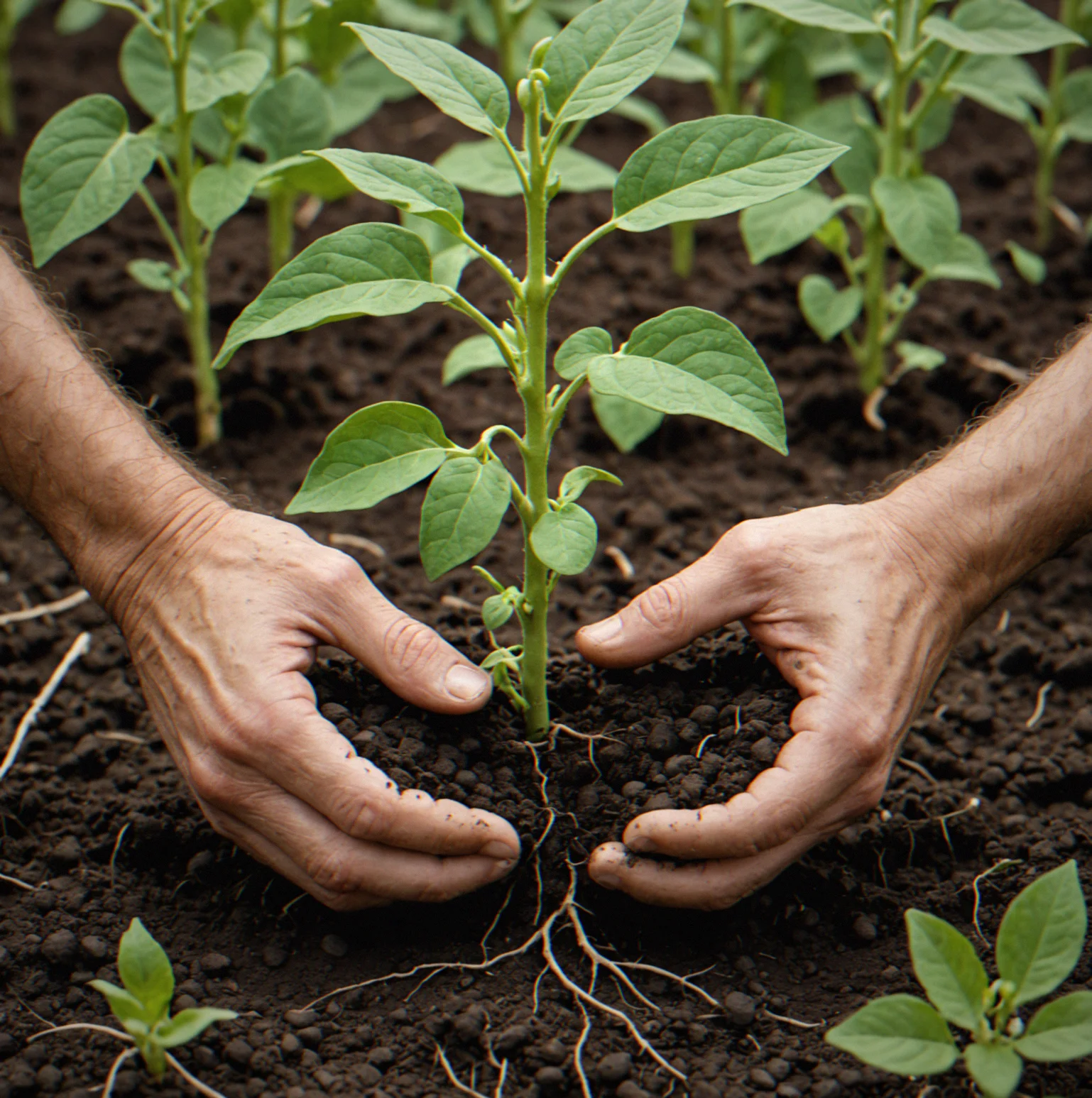 Nitrogen-fixing legumes with visible nodules on roots, June canopy dense