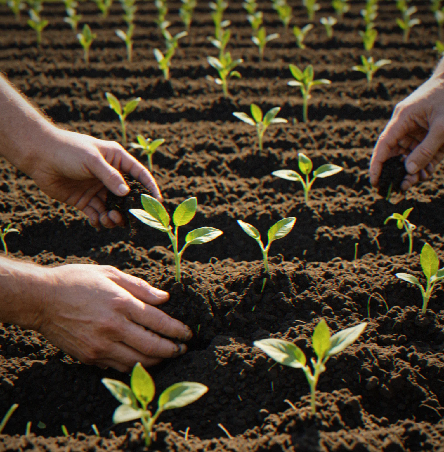 Young seedlings breaking through soil surface in neat rows, April