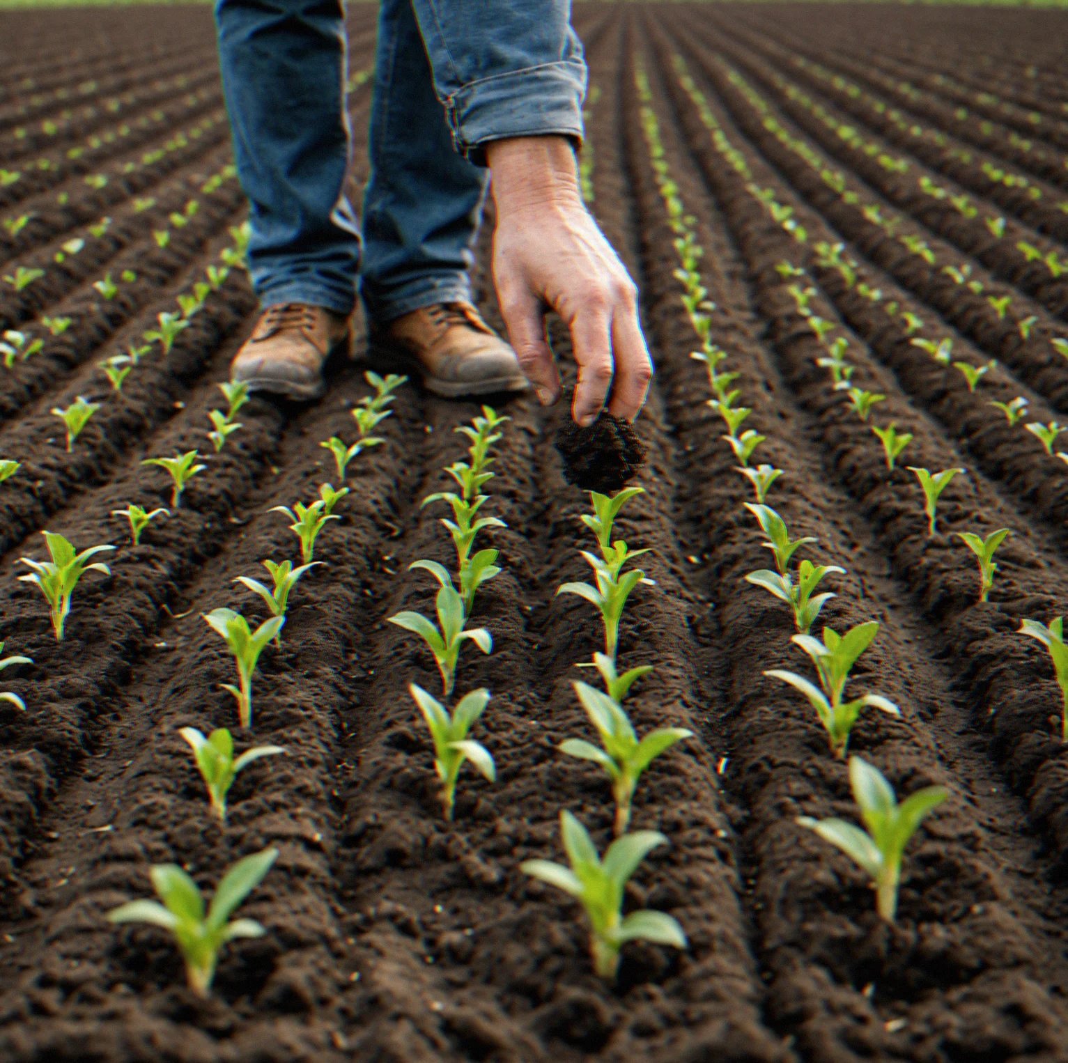 A field in early spring, freshly tilled soil with young seedlings pushing up in neat rows