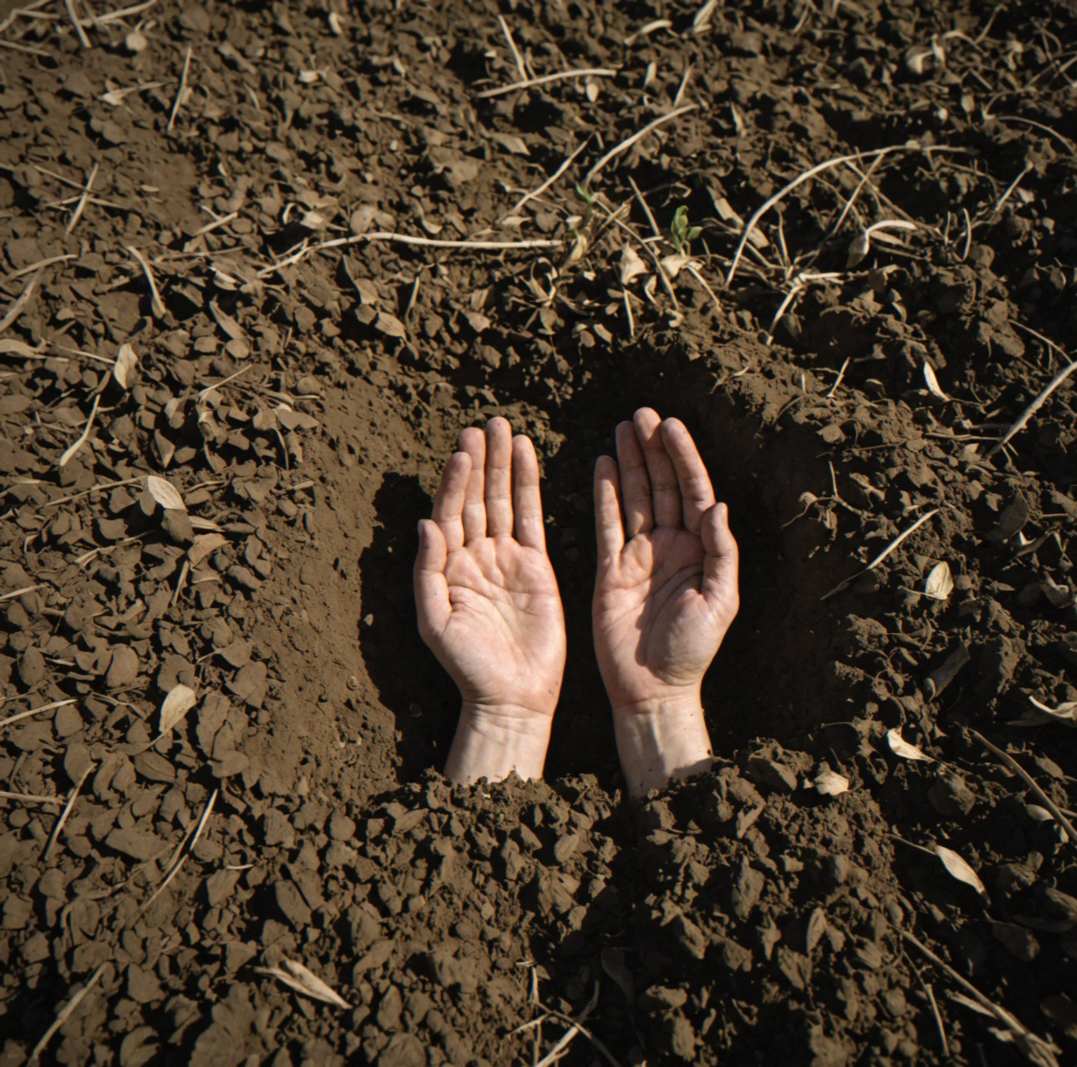 Fallow field with bare soil and emerging wild growth, soil visibly darker and richer compared to harvested adjacent plot