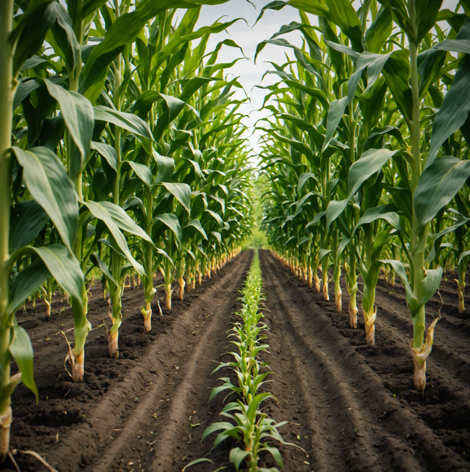 Dense planted rows showing corn stalks with climbing bean vines intertwined, mixed green canopy overhead