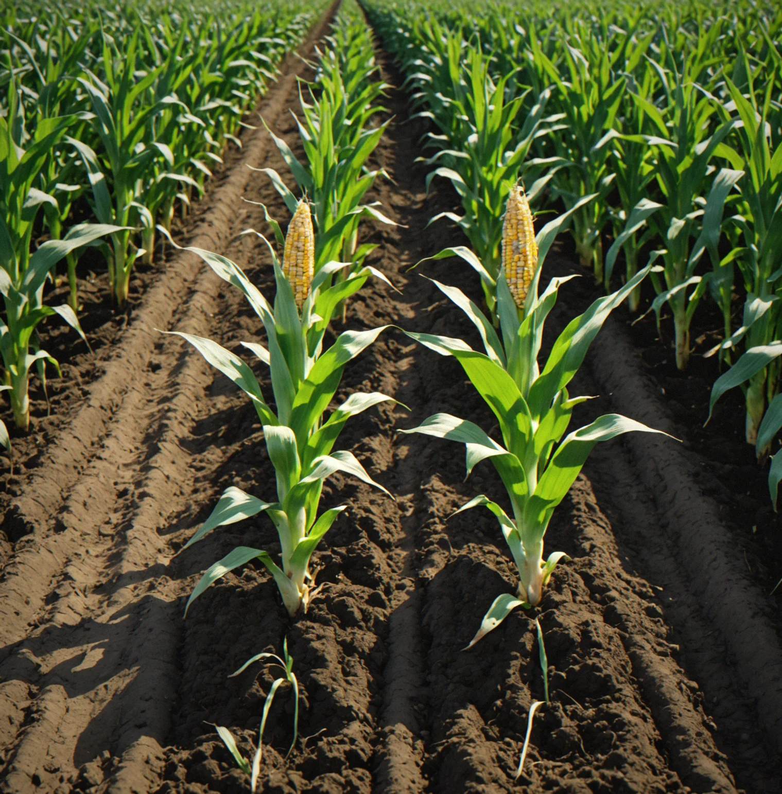 Two side-by-side corn plants showing stunted pale growth in depleted soil versus tall healthy green growth in nitrogen-rich soil