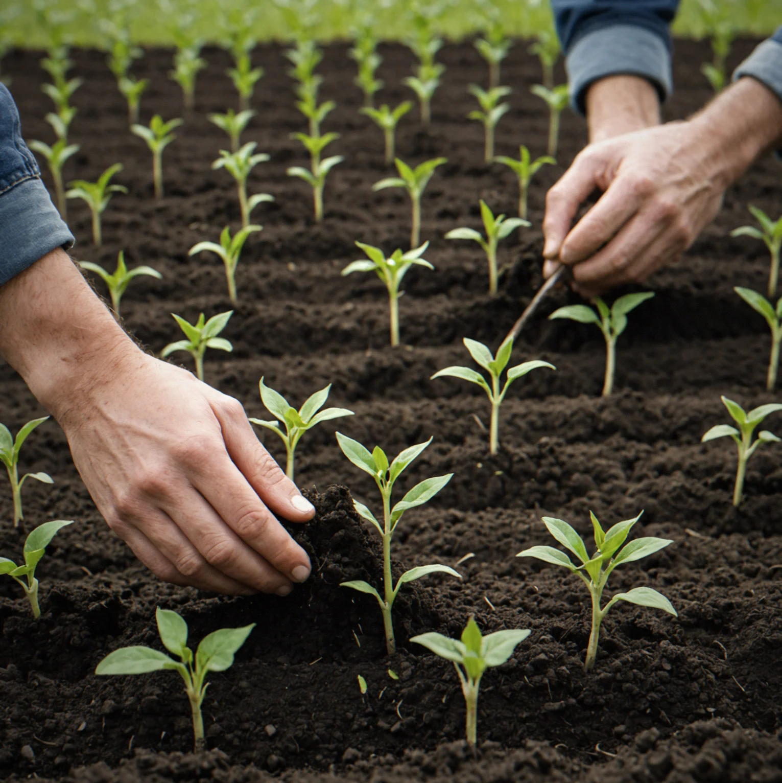 Young seedlings emerging through soil in neat rows, with bud-breaking trees visible at field edge