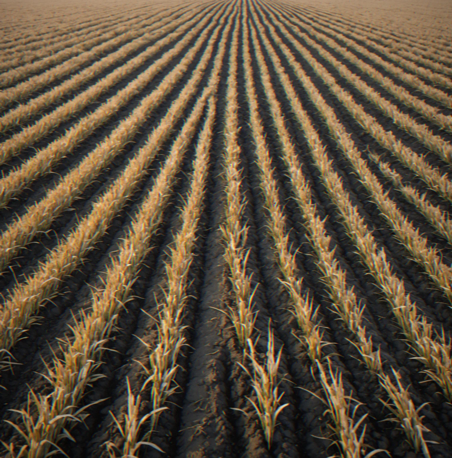 Frozen field with winter rye stubble and bare patches, snow dusting soil surface and brown vegetation
