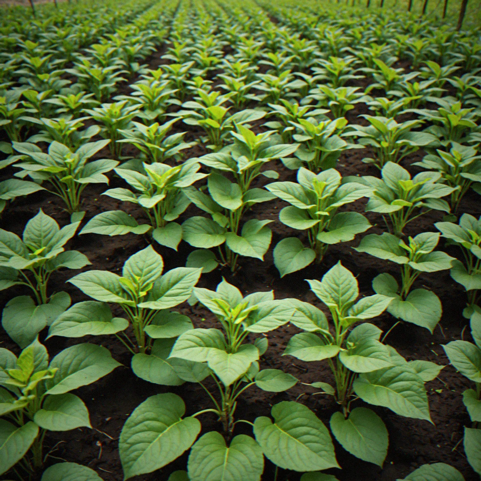 Dense green canopy in early summer, plants filling space between rows, insects visible on leaf surfaces
