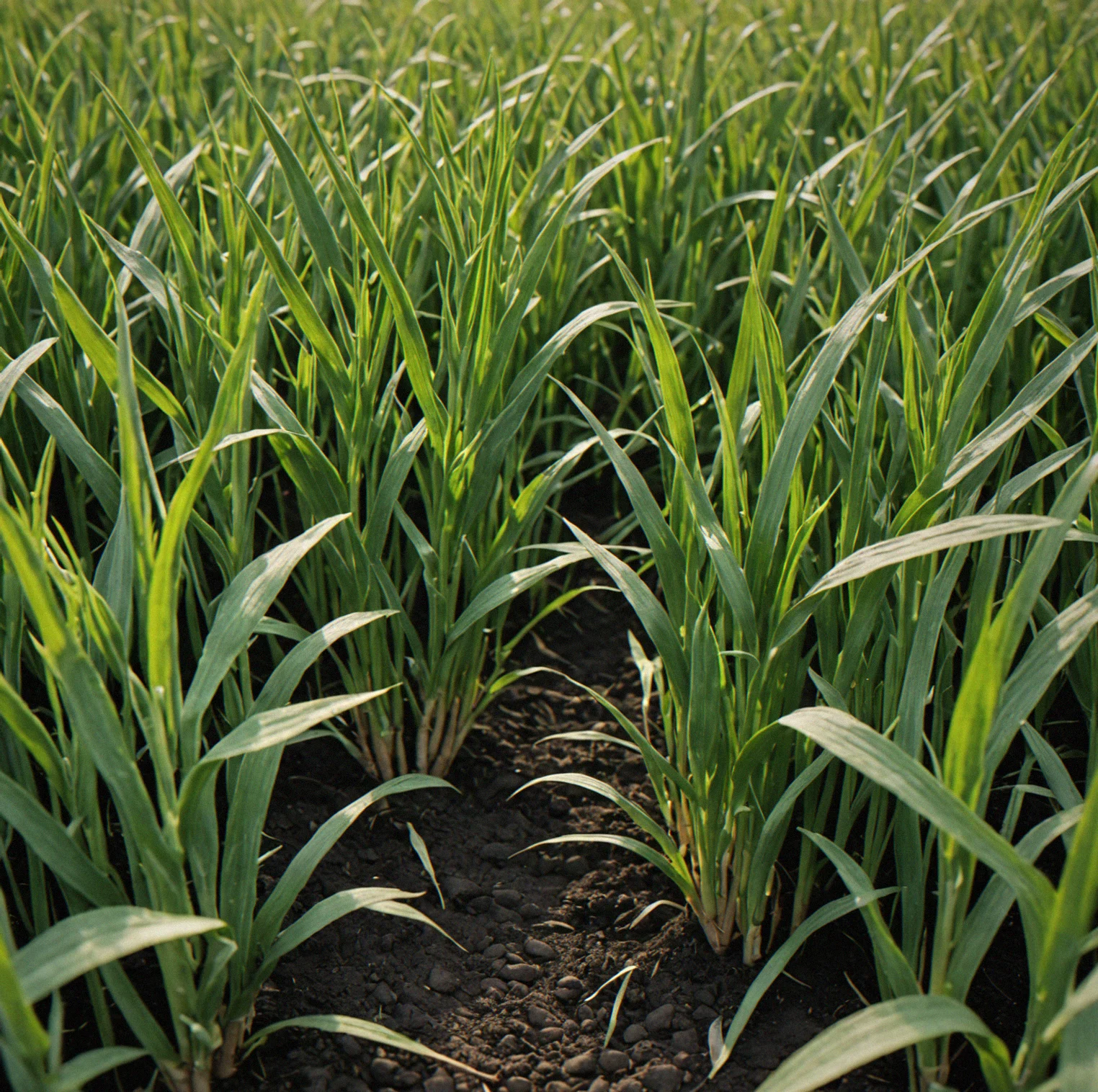 Winter rye growing as dense green cover across field, early frost visible on leaf tips