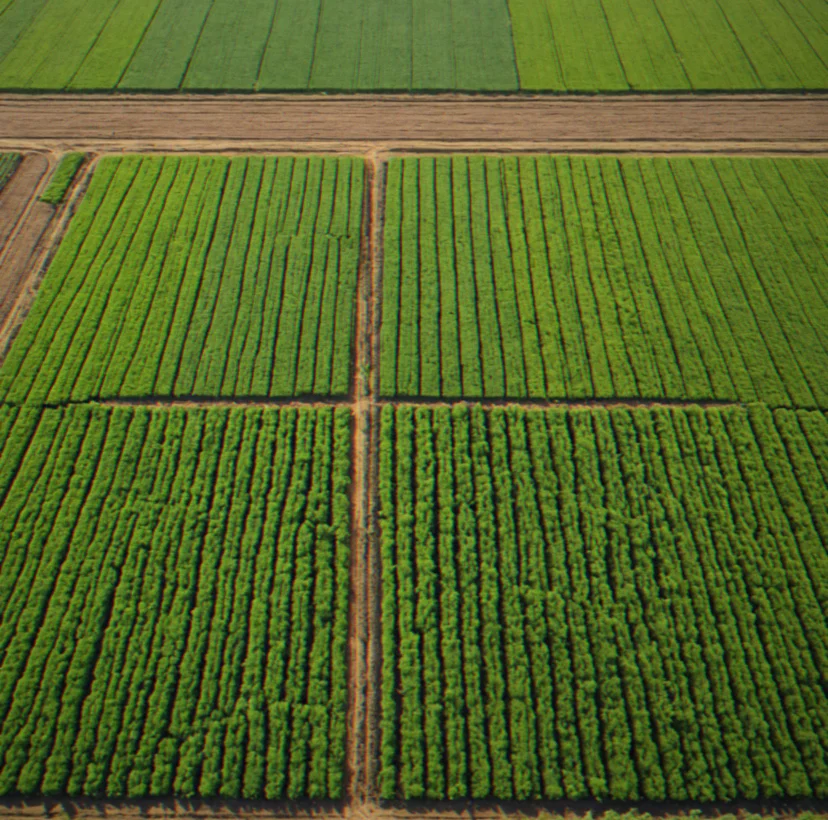 Bird's-eye view of a single 400-square-meter field bounded by its edges, with crop rows in early growth