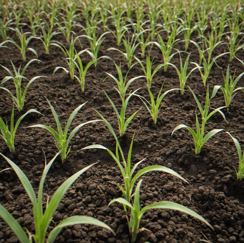 Thick winter rye protecting soil in October, green shoots against brown earth